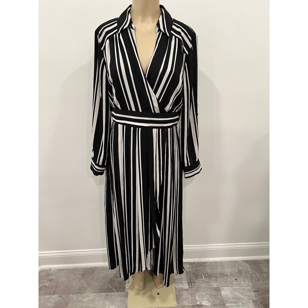 INC International Concepts Maxi Dress Womens 12 Black White Striped Faux Wrap